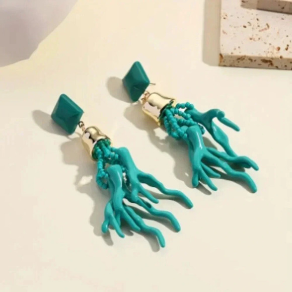 Turquoise Teal Coloured Resin Statement Earring - Coral Branches with beads- NEW - Picture 2 of 3